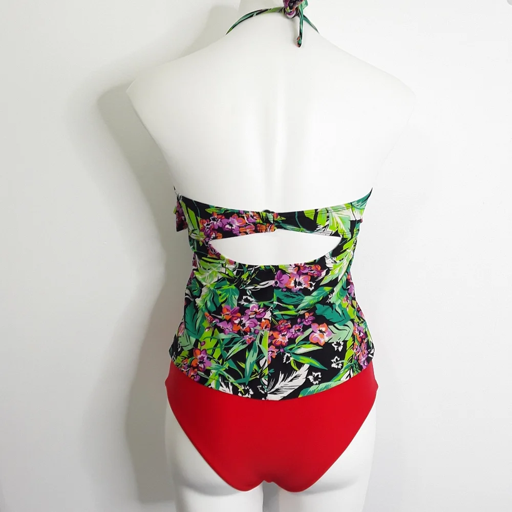 Catalina Tropical Green Black Pink White Tankini Ruffle Halter Top EUC M